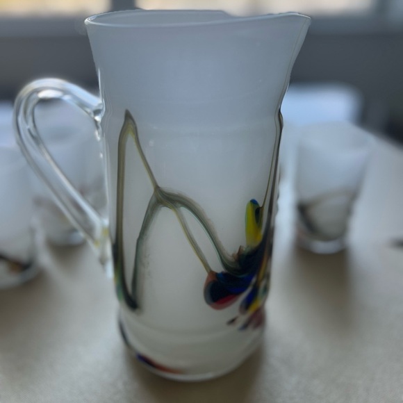 Vintage Marble Multicolor Blown Glass Pitcher and Six Matching Glasses - Picture 7 of 13